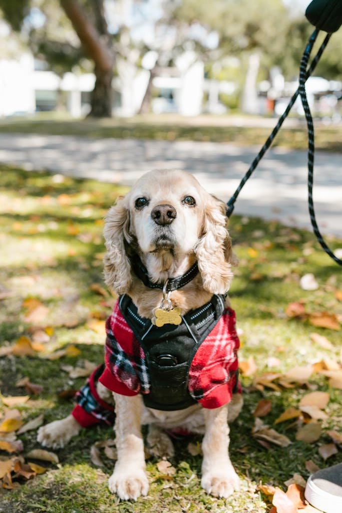 Cocker Spaniel wearing plaid outfit enjoying a sunny day outdoors.